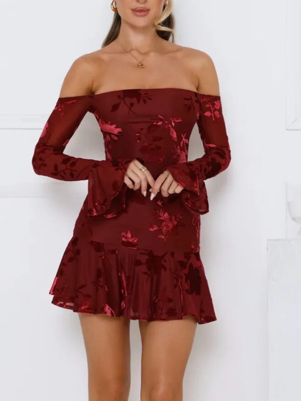 Peppermayo Off-Shoulder Burgundy Floral Velvet Mini Dress